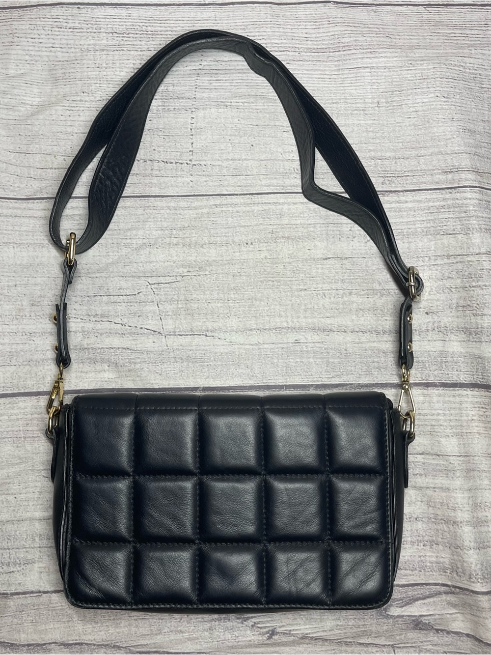 Italian Genuine Black Quilted Leather Padded Crossbody Purse